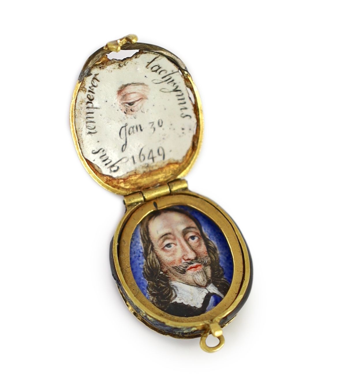 A rare enamelled gilt metal Charles I memorial portrait locket, 17th century, overall 2.5 x 1.5cm